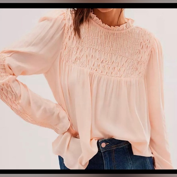 Free People Tops - FREE PEOPLE Smocked in‎ Time peach Ruffle Neck smocked Blouse Top shirt size XS